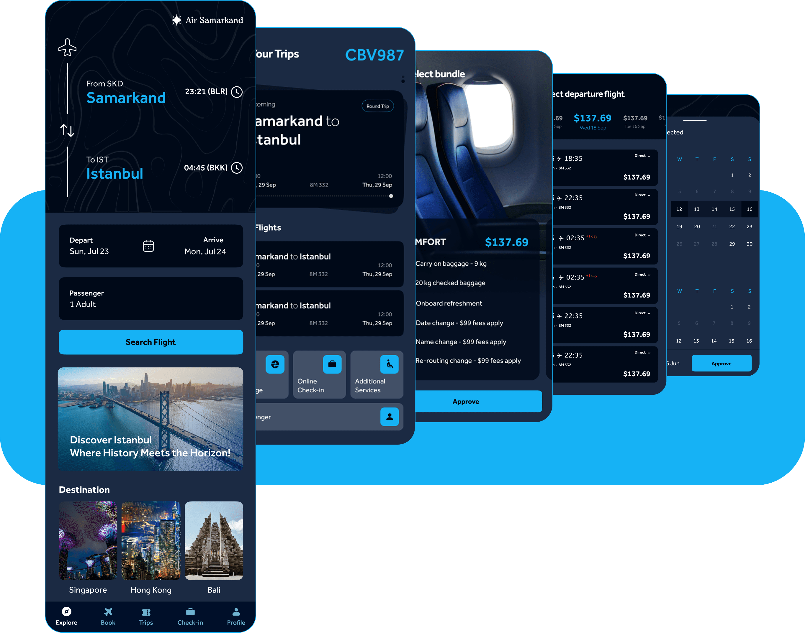 Air Samarkand — booking, trip management, bundle selection, departure flight, and calendar screens