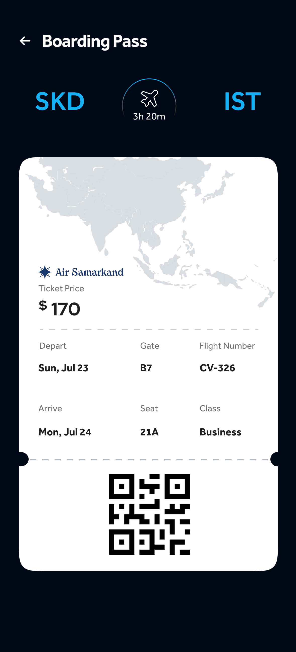 Boarding pass — Samarkand to Istanbul with gate, seat, class and QR code