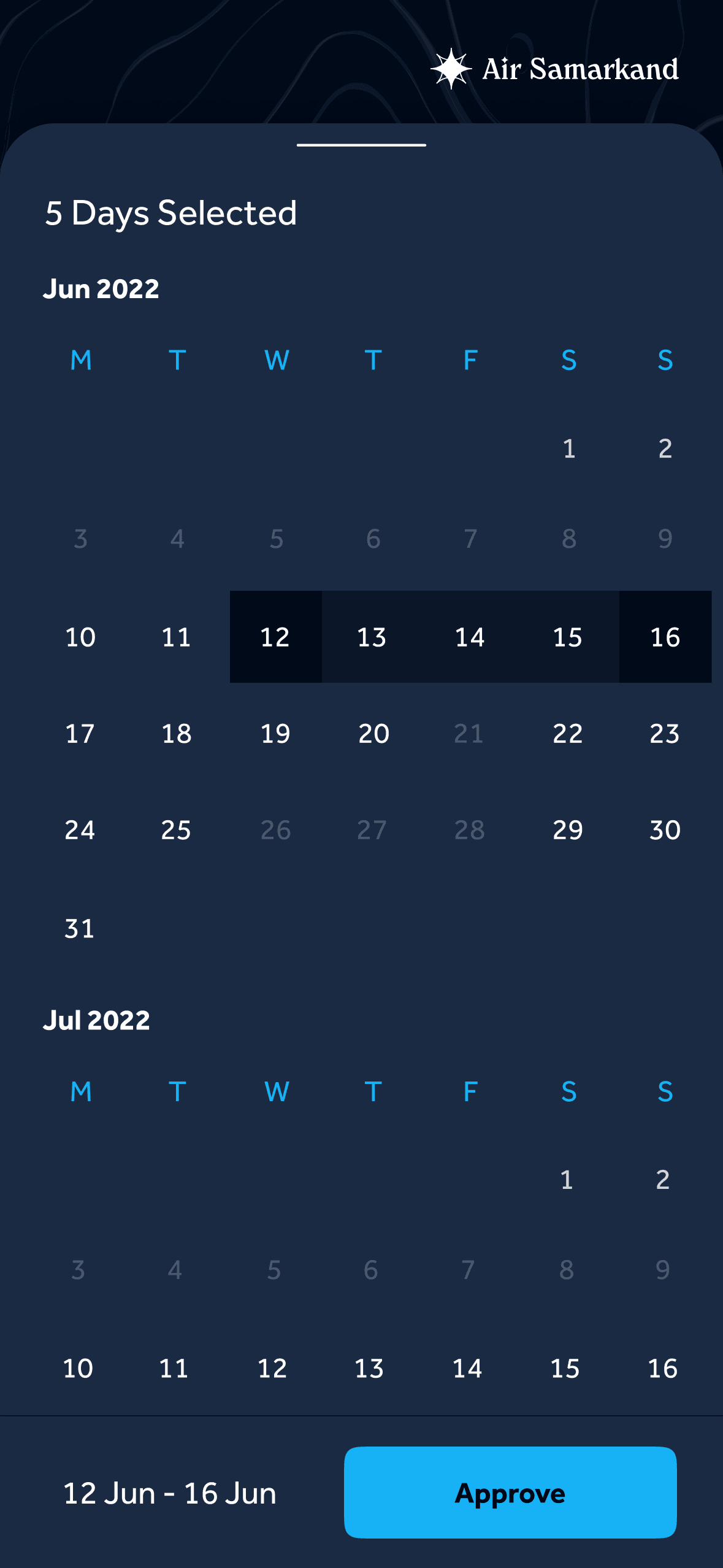 Range calendar with 12–16 June selected