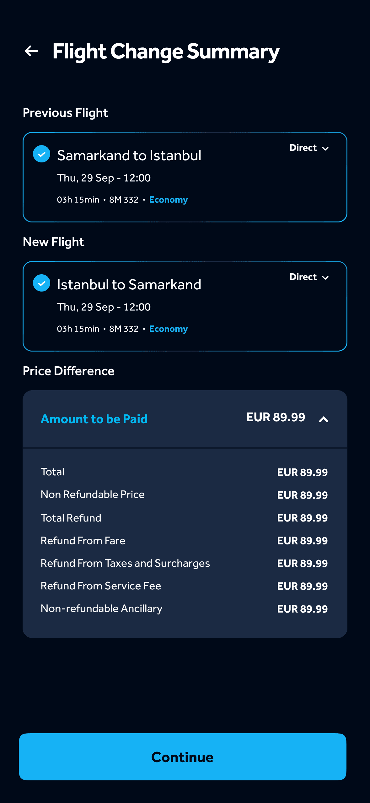 Flight change summary — previous and new flight with the price difference