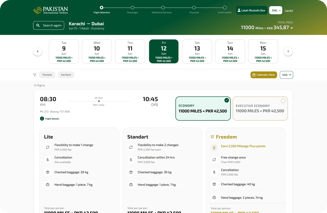 PIA web booking engine — Karachi to Dubai flight selection with fare tiers
