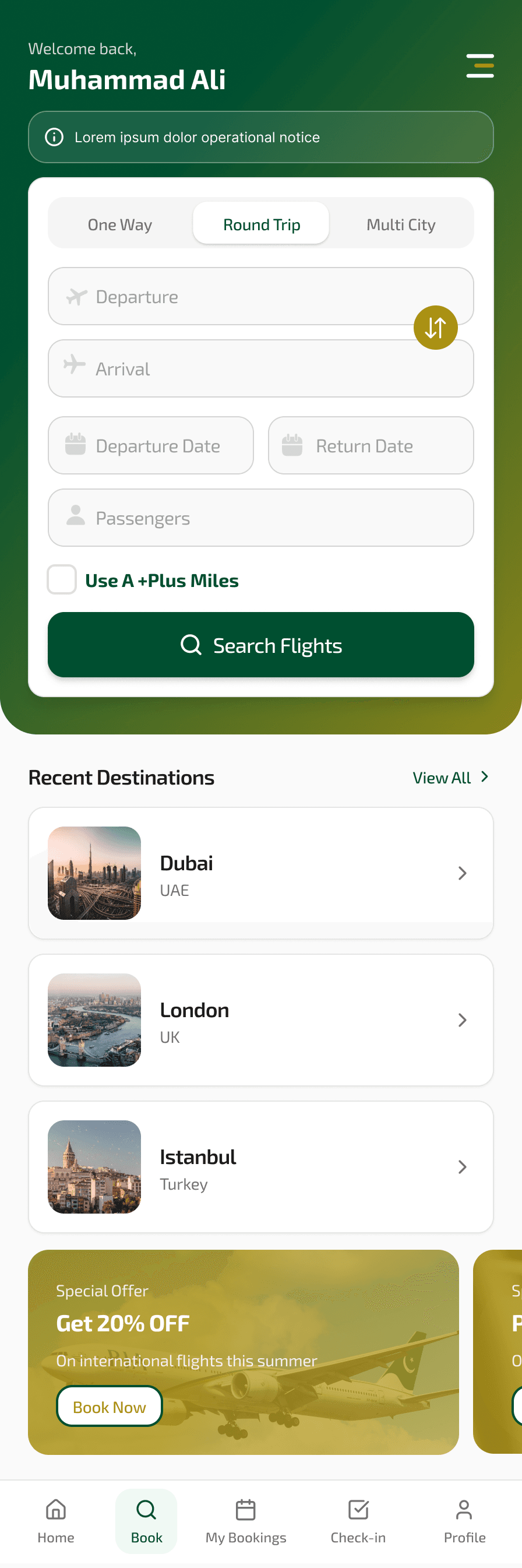 PIA mobile app flight search