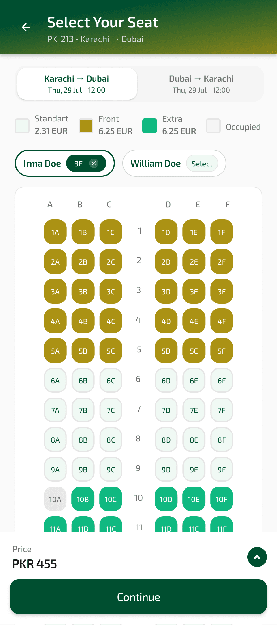 PIA mobile app seat selection