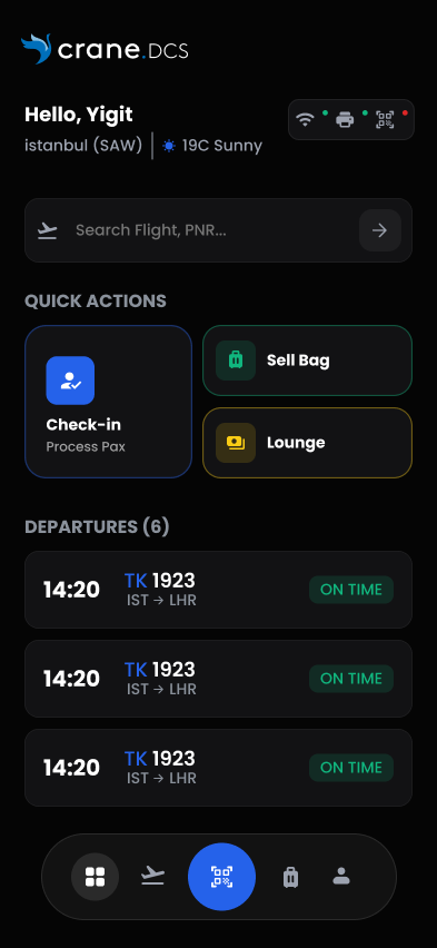 Crane DCS on mobile — quick actions and departures