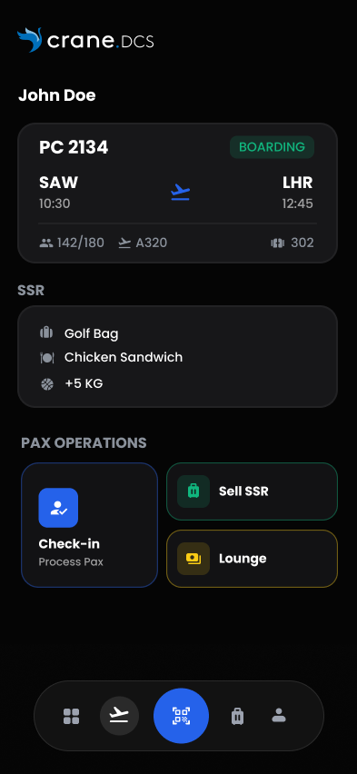Crane DCS on mobile — passenger booking with SSRs and pax operations