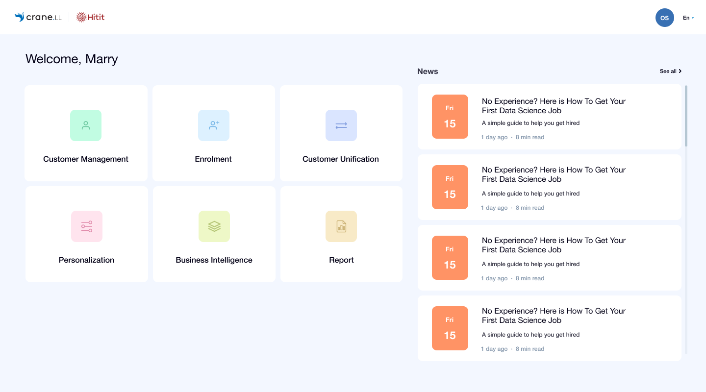 Crane LL welcome screen — operational modules and a news feed