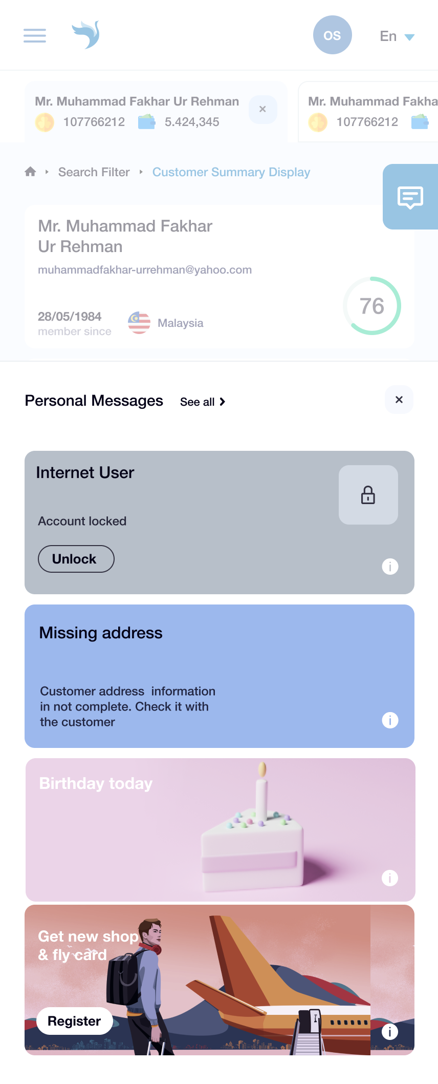 Crane LL on mobile — personalised messages panel over the customer summary