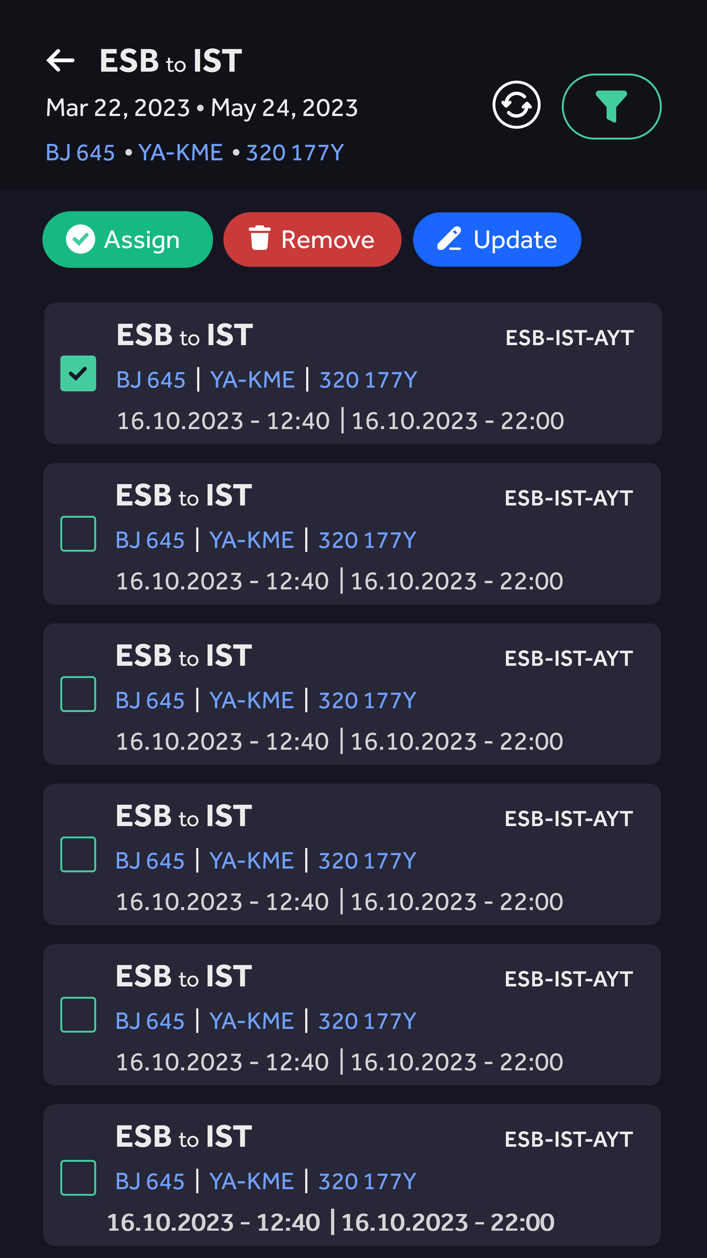 Crane WB, dark — flight list with assign, remove and update