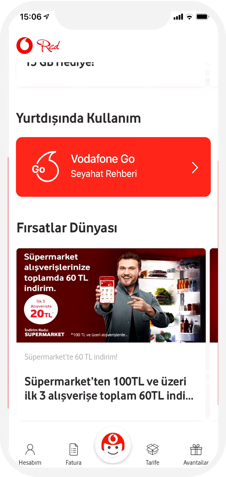 Vodafone app home with the Vodafone Go travel guide entry under Usage Abroad