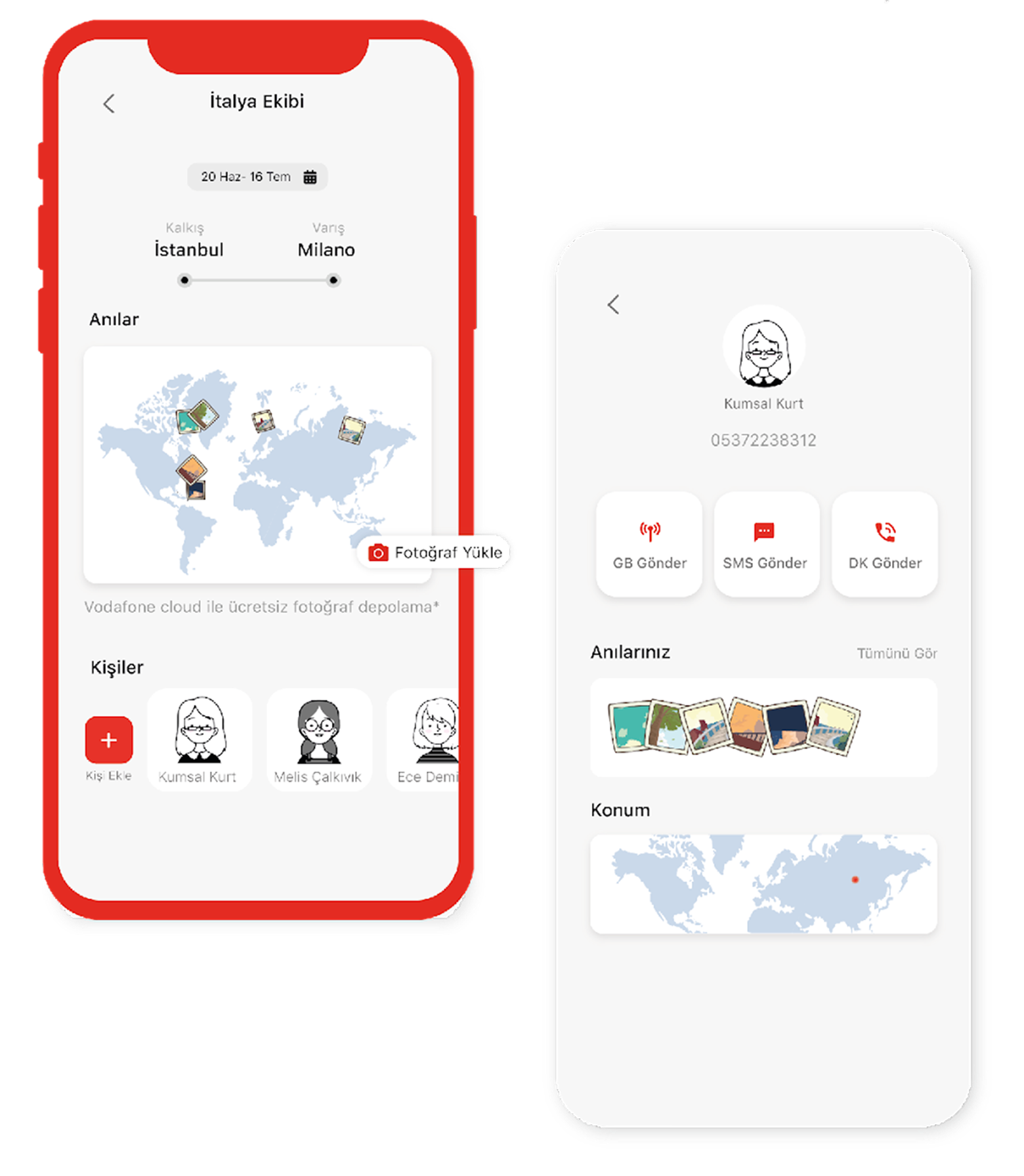 Team view with a shared memories map and members, and a member profile for sending data, SMS and minutes